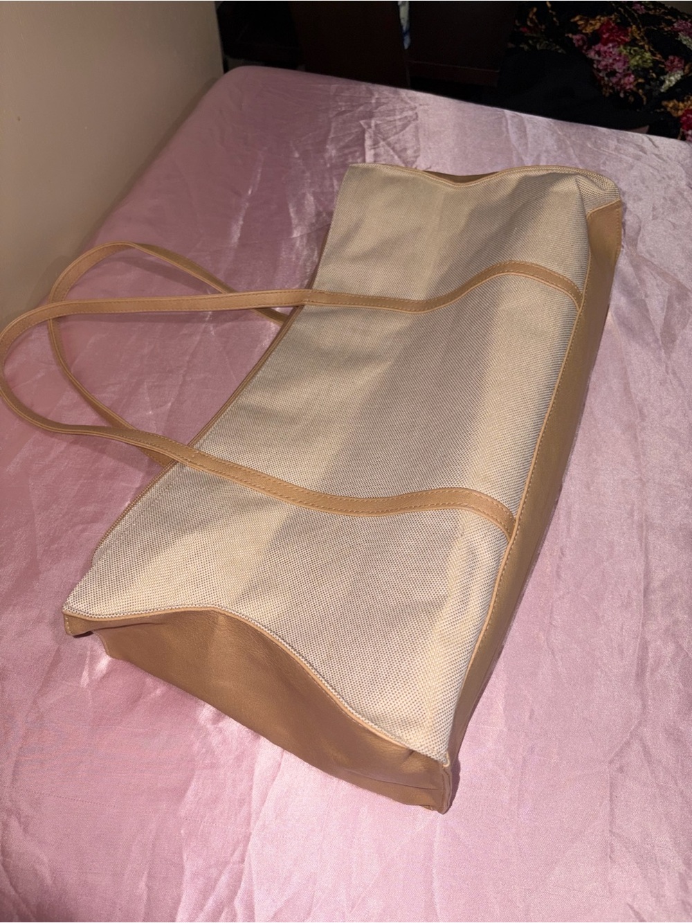 Estee Lauder Beige Canvas and Tan Leather Trim Tote